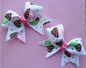 CUPCAKE Hair Bow Clip Set  - 3 Inch -  Hot Pink Green Brown - Perfect Pigtail Bows