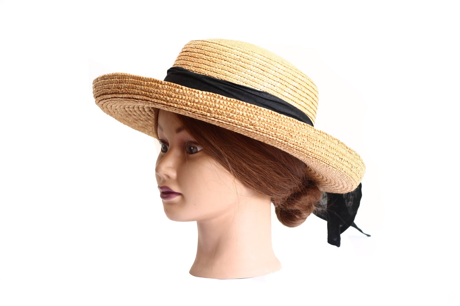 Beachy Straw Boater Hat with Black Cotton Bow