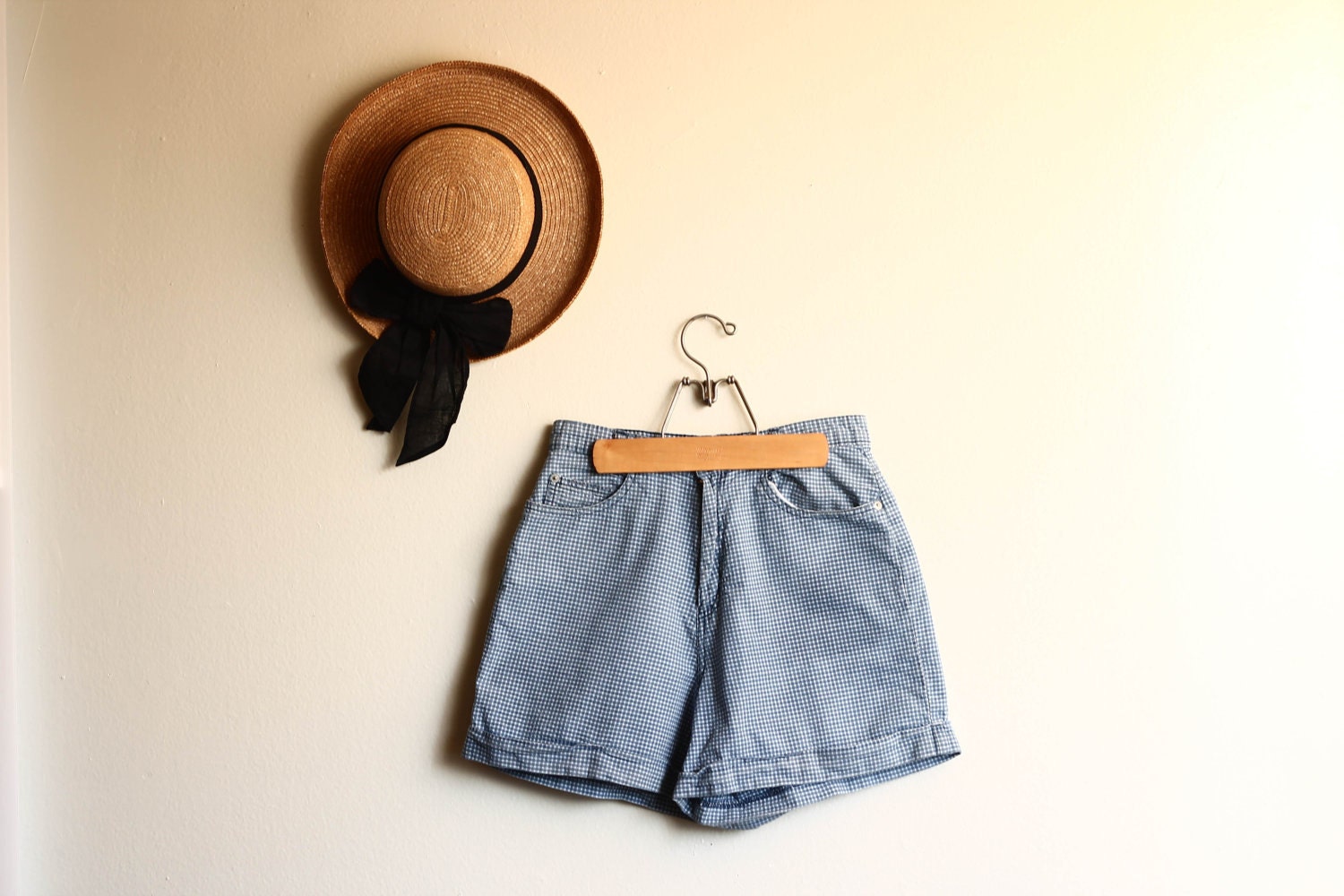 Blue and White High Rise Picnic Gingham Shorts 28.6" Waist