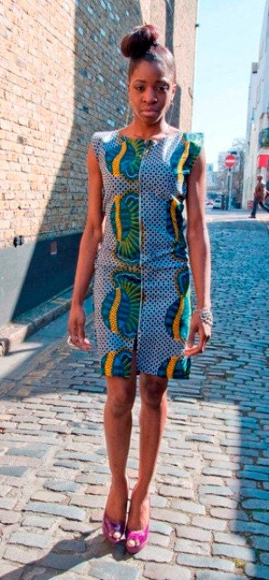 African blue print outline dress with front zip