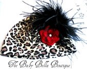 Baby Girl Hat - Leopard Infant Beanie with Black Ostrich Feathers-- Ready to ship