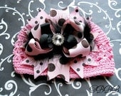 Toddler /newborn Baby Girl pink Crochet Hat with Pink and brown polka dots Boutique Bow,Girl Hat.