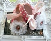 Baby Girl Pink and white polka dots with white rosette shoes, Crib Shoes ,Baby booties,Girl shoes.