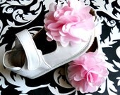 Toddler White leather squeaky shoes,white mary jane with pink satin rosette, girl shoes.Ready to ship.