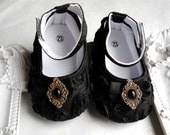 Baby Girl Black Satin Rosette Crib Shoes  ,Baby Shoes, Ready to ship