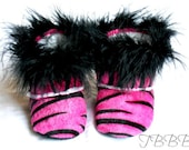 Hot Pink Zebra baby crib boot with  black feathers. Baby Girl soft sole booties,