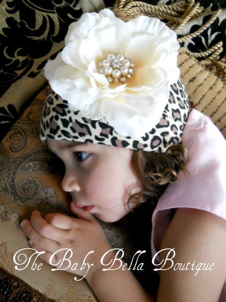 Baby Girl Cotton Beanie, Hat - Leopard with Cream Rose and Gorgeous Pearl Rhinestone .