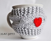 Mug Cozy with Red Heart, Coffee Mug Cozy, grey color, Cup Cosy, Mug Warmer knitted,valentines gift