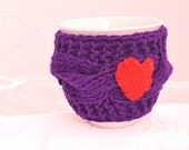 Mug Cozy, purple color, valentines gift, knitted cozy cozy, mug warmer, Red heart