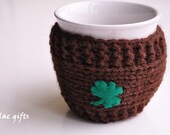 Knitted Mug Cozy, Shamrock Mug Cozy, St. Patrick's Day Mug Cozy, brown color , good luck cozy