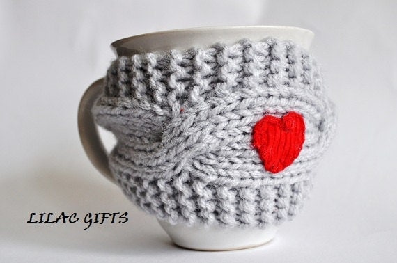 Mug Cozy with Red Heart, grey color, Cup Cosy, Mug Warmer knitted,valentines gift