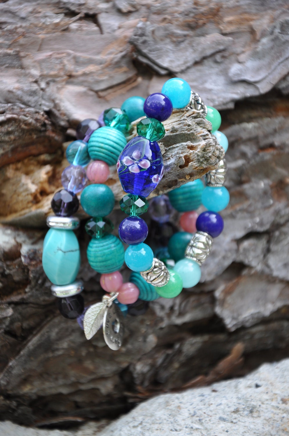 Teal Plum & Pink bracelets - set of 3