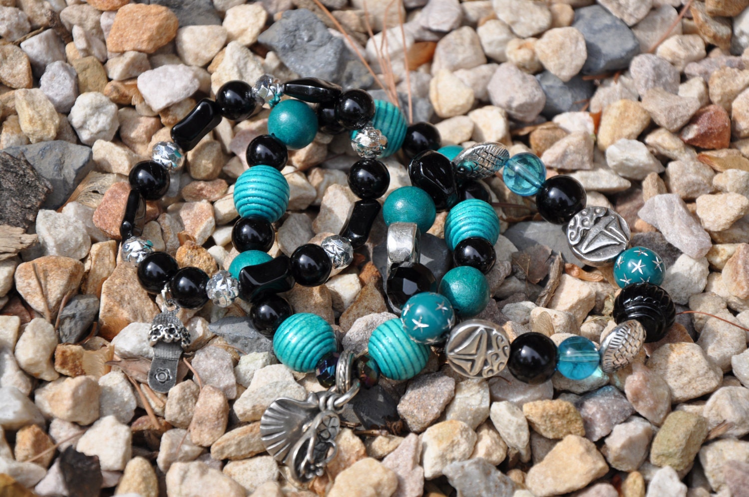 Teal & Black summertime bracelet - set of 3
