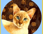 1 1/2 Fabric Cat Button - Oriental CAT Chocolate Topaz Rex - CatFabricsandButtons
