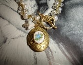 Something Blue Vintage Brass Locket with Blue Rose, Crocheted Chain, Swarovski Crystals, Freshwater Pearls, Wedding, Bridal
