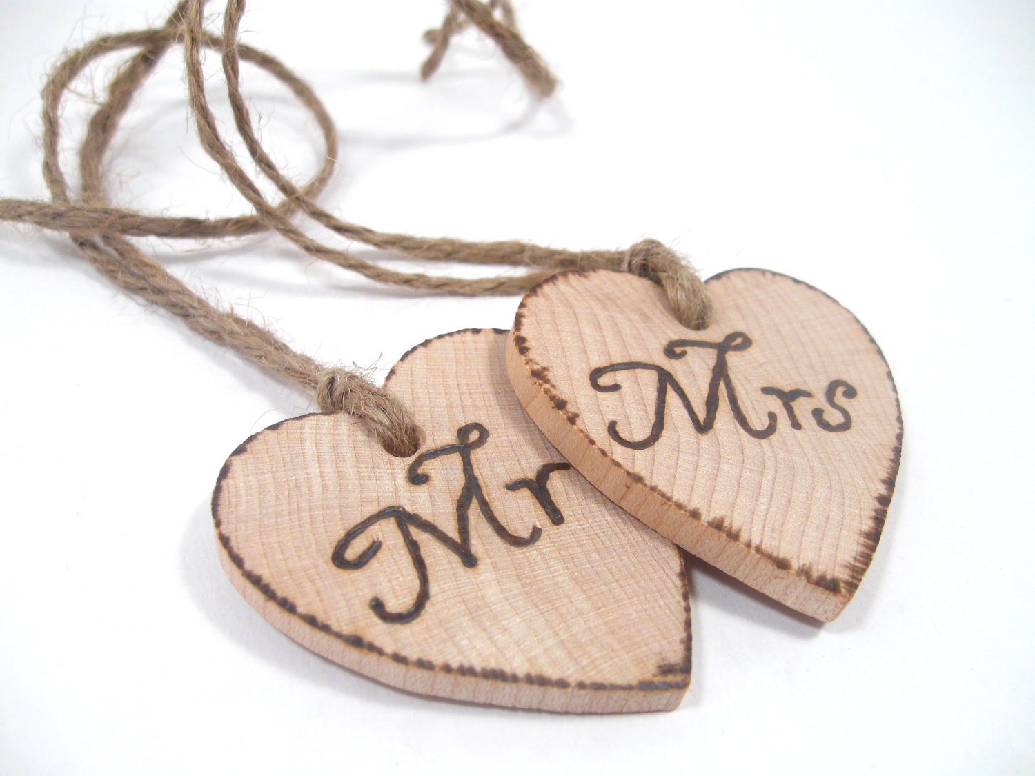 Wedding wine glass charm. Wedding tags. (Set of 2) custom Wedding wooden keepsake hearts Mr and Mrs tags Rusic Wedding woodland