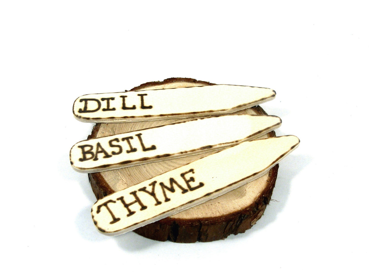 Garden Stakes or Herb Markers.  Set of three wood burned stakes.