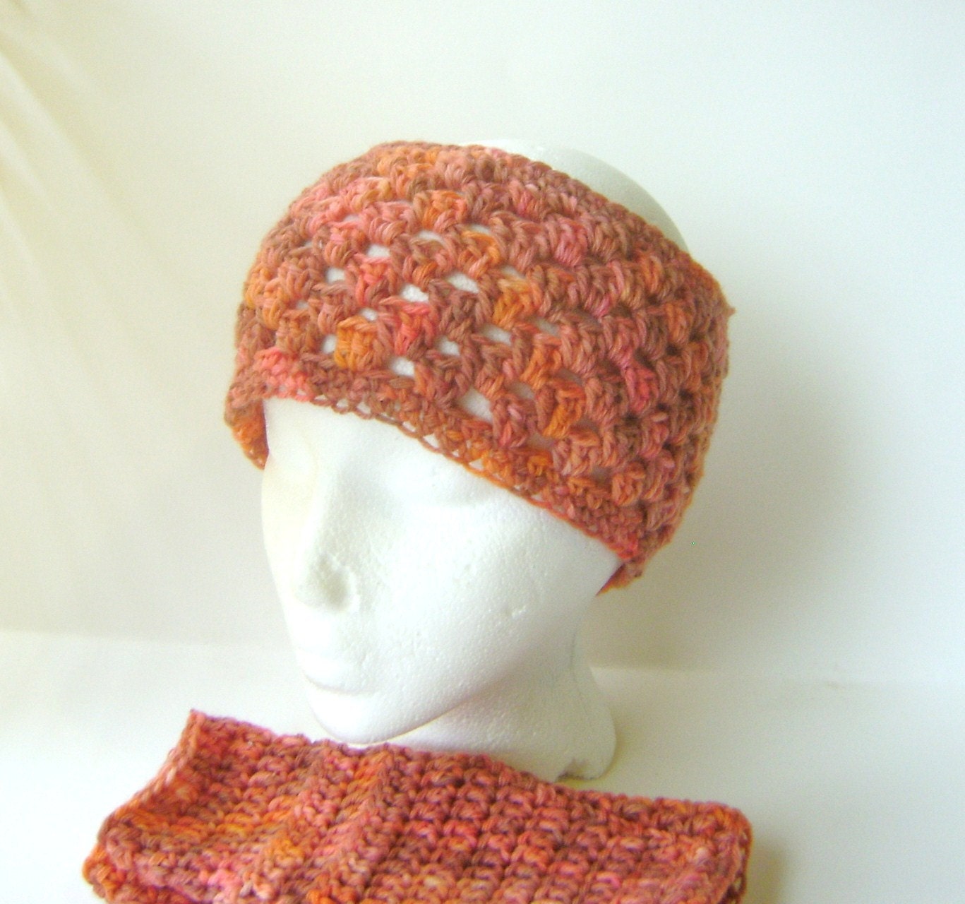 Crochet Fingerless Gloves and Neck Warmer/Ear Warmer in Sunset Merino