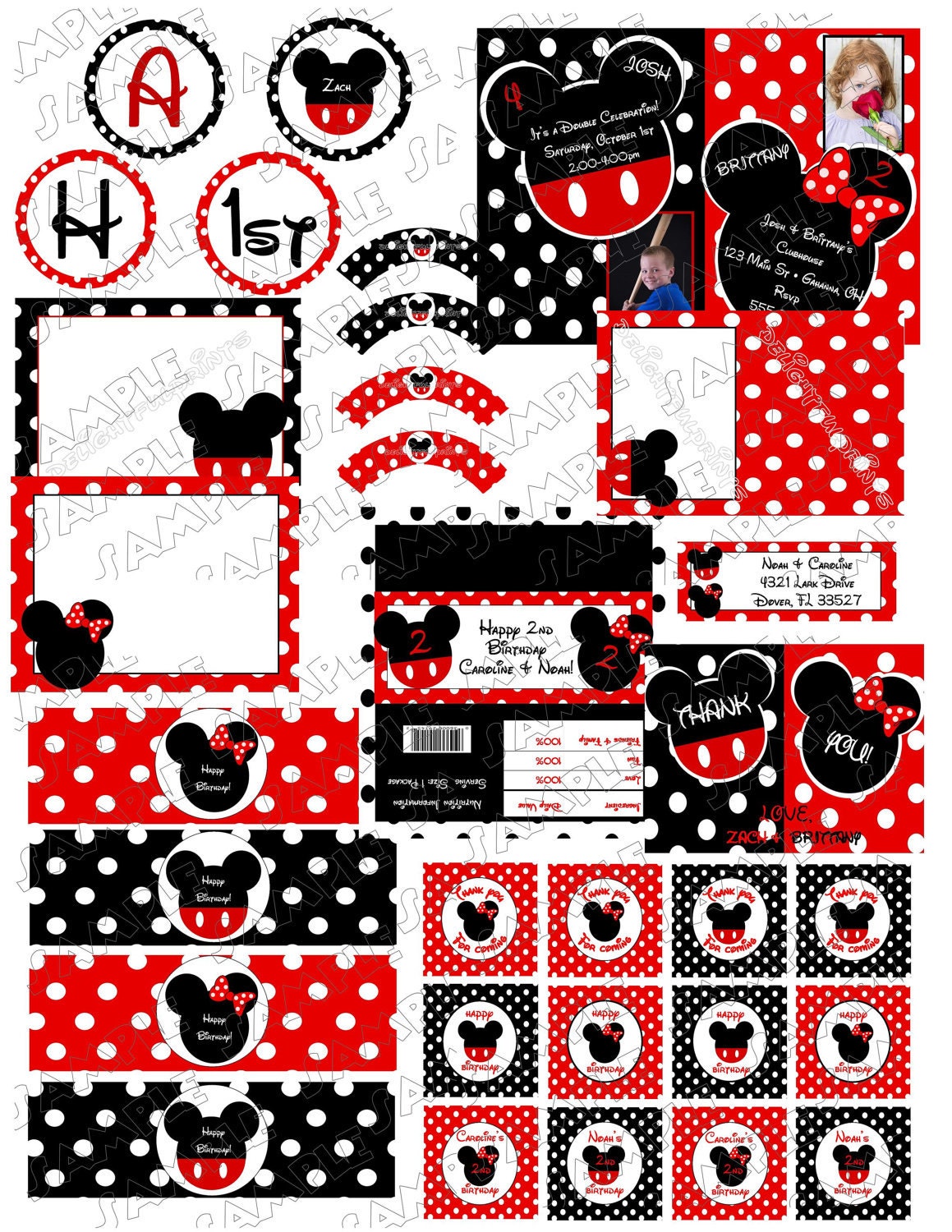 Mickey & Minnie Mouse double celebration inspired party with customization .... printable party supplies by 2fungraphics