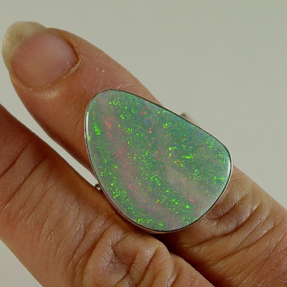 Blue green Australian opal ring sterling silver
