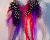 Red  purple  black and white guinea fowl dotted feather earrings sterling silver