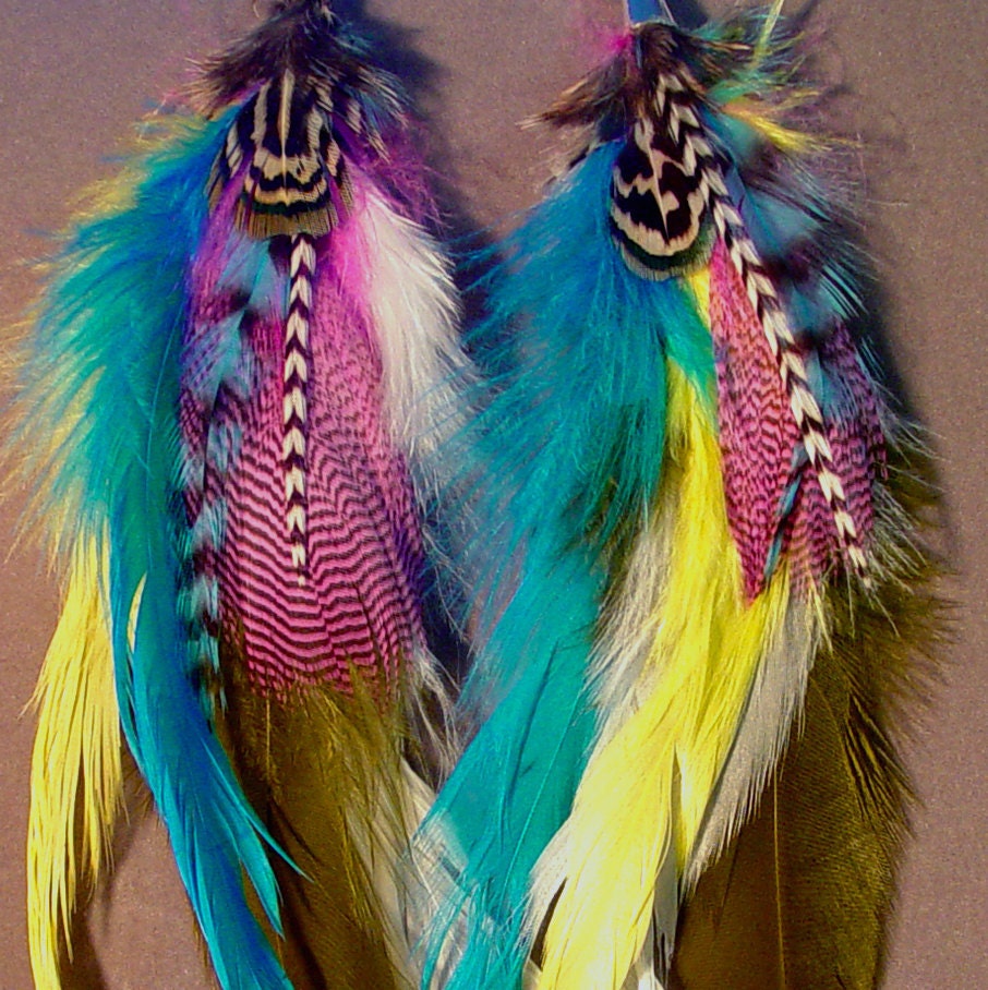 Yellow green pink aqua blue pheasant feather earrings silver