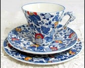 Mid Century Modern Chintzy Trio, James Kent Mikasa 'Cathay' Blue Flowery Chintz Cup, Saucer, Teaplate Trio Set 1970s