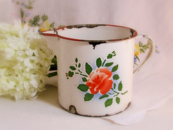 Vintage Enamel Pitcher, Romantic 1930s Farmhouse Shabby Chic Rustic Enamel Chippy 2 Pint Jug Pitcher, Stencil-Sprayed Coral Red Roses