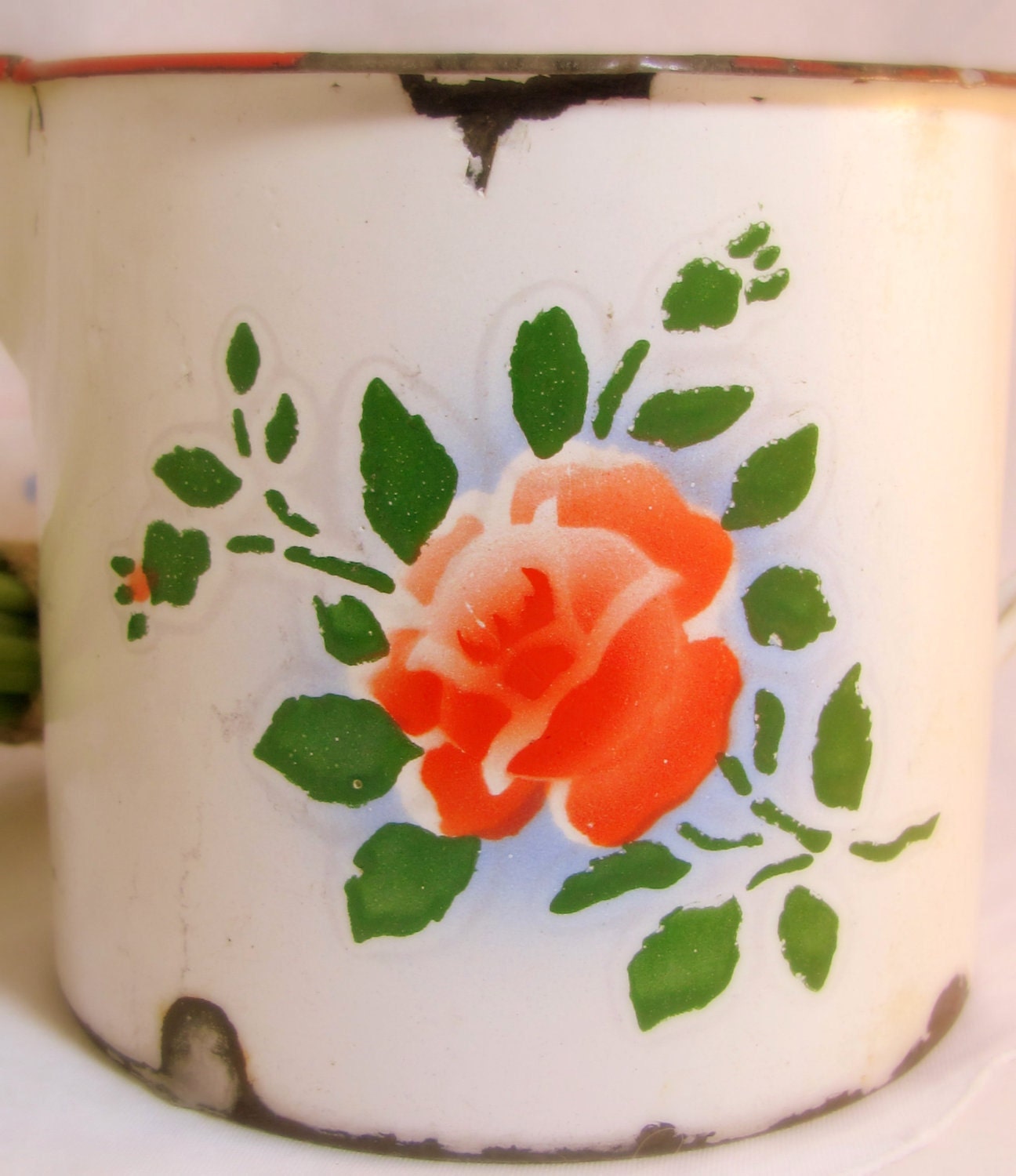 Vintage Enamel Pitcher, Romantic 1930s Farmhouse Shabby Chic Rustic Enamel Chippy 2 Pint Jug Pitcher, Stencil-Sprayed Coral Red Roses