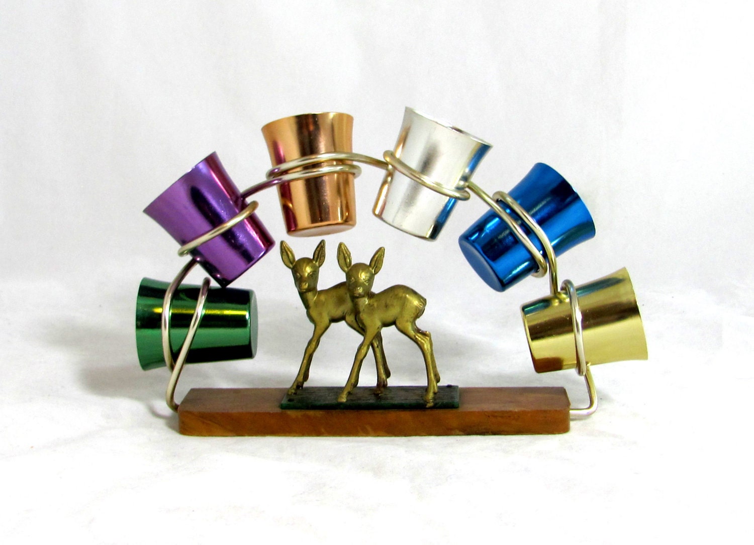 Retro Shot Glasses, Mid Century Modern German 6 Rainbow Metallic Aluminium Cocktail Shot Cups in Wood'n'Wire Stand & Golden Bambi Deer 1960s