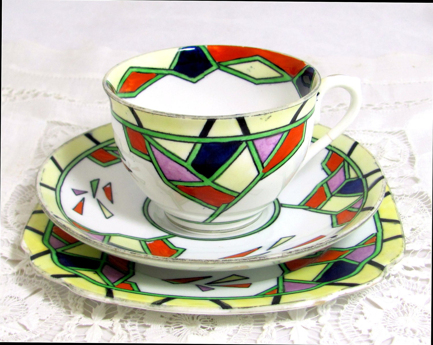 RESERVED for Debbie 2: Art Deco Jazzy Trio, 1920s Stained Glass Window Mosaic Cup, Saucer, Teaplate Trio Set Yellow Red Pink Navy