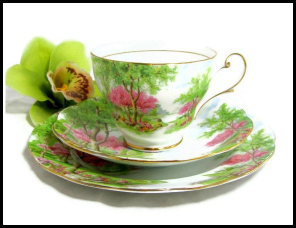 Art Deco Woodland Trio, Vintage Royal Standard English Bone China 'Spring's Gift' China Cup, Saucer, Teaplate Trio Set 1950s