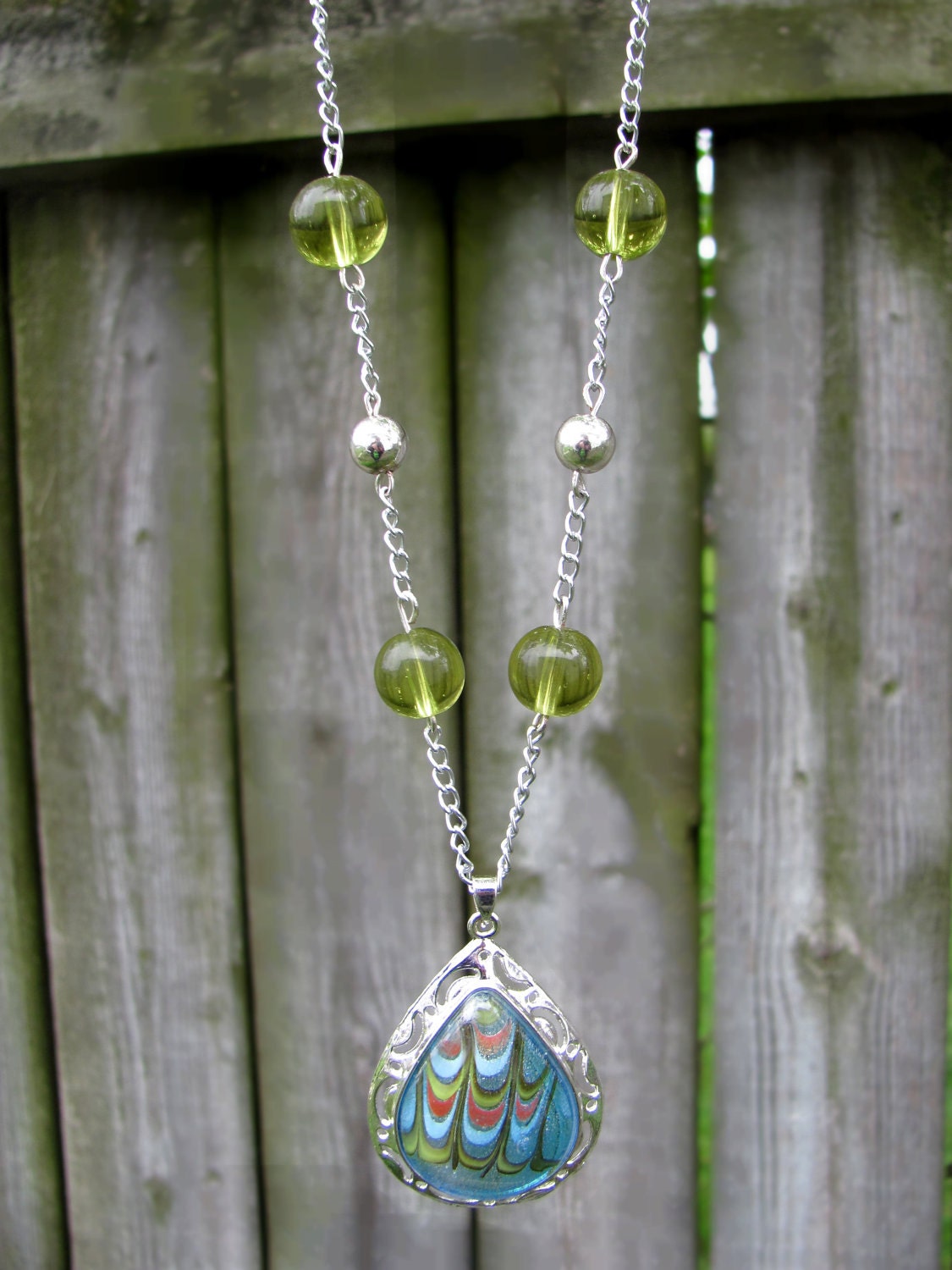 Multi-color Lampwork Glass Pendant and Bead Necklace- Blue, Orange, Green, Silver