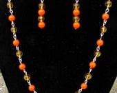 Bright Orange Recycled/ Upcycled Beaded Necklace and Earrings Set