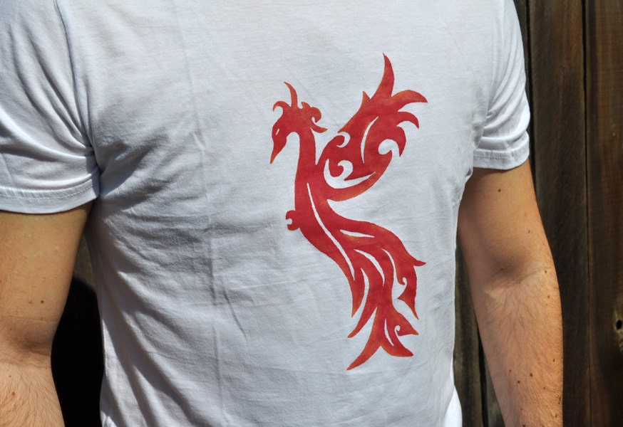 Red Phoenix Screenprinted on White Tshirt - Men's Size Medium