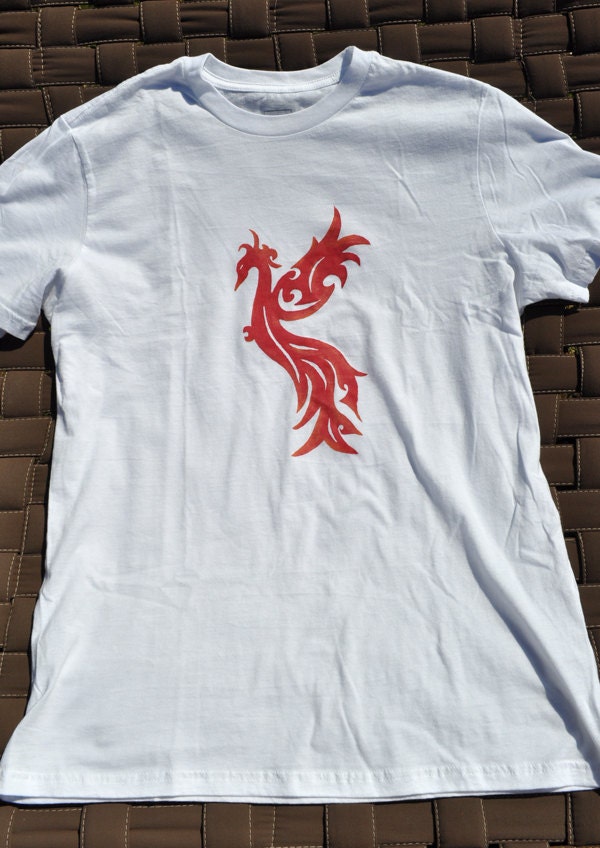 Red Phoenix Screenprinted on White Tshirt - Men's Size Medium