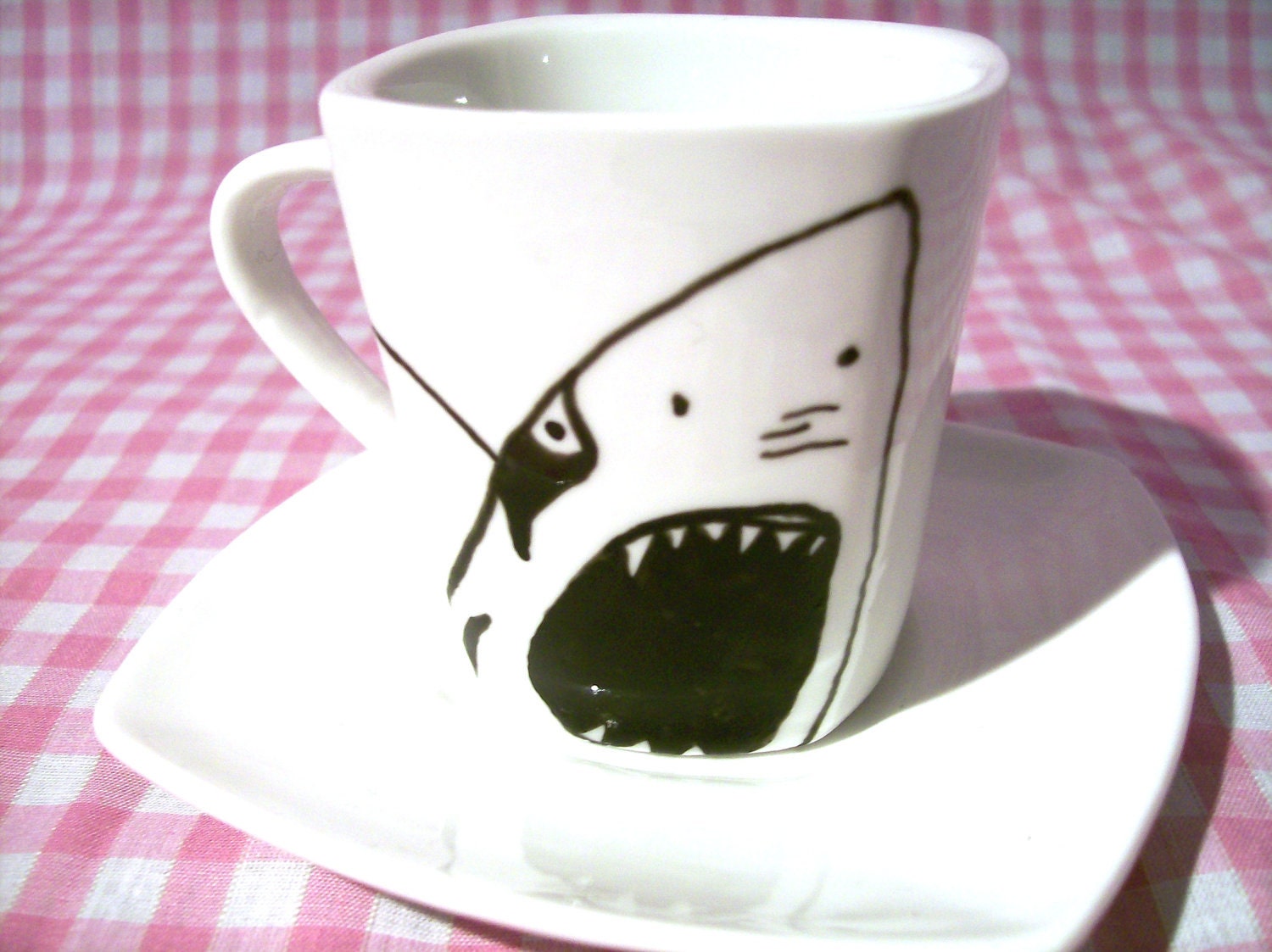 Shark Espresso Cup and Saucer in porcelain featuring a hand drawn illustration
