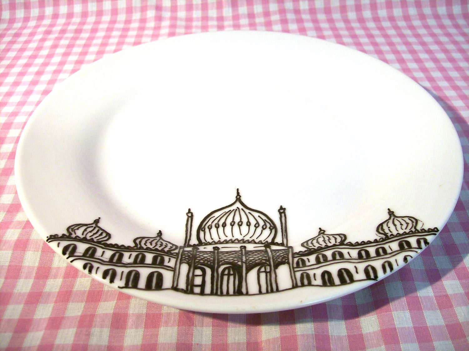 Illustrated Porcelain Plate, Brighton Pavilion Drawing, Black and White Decorative Plate