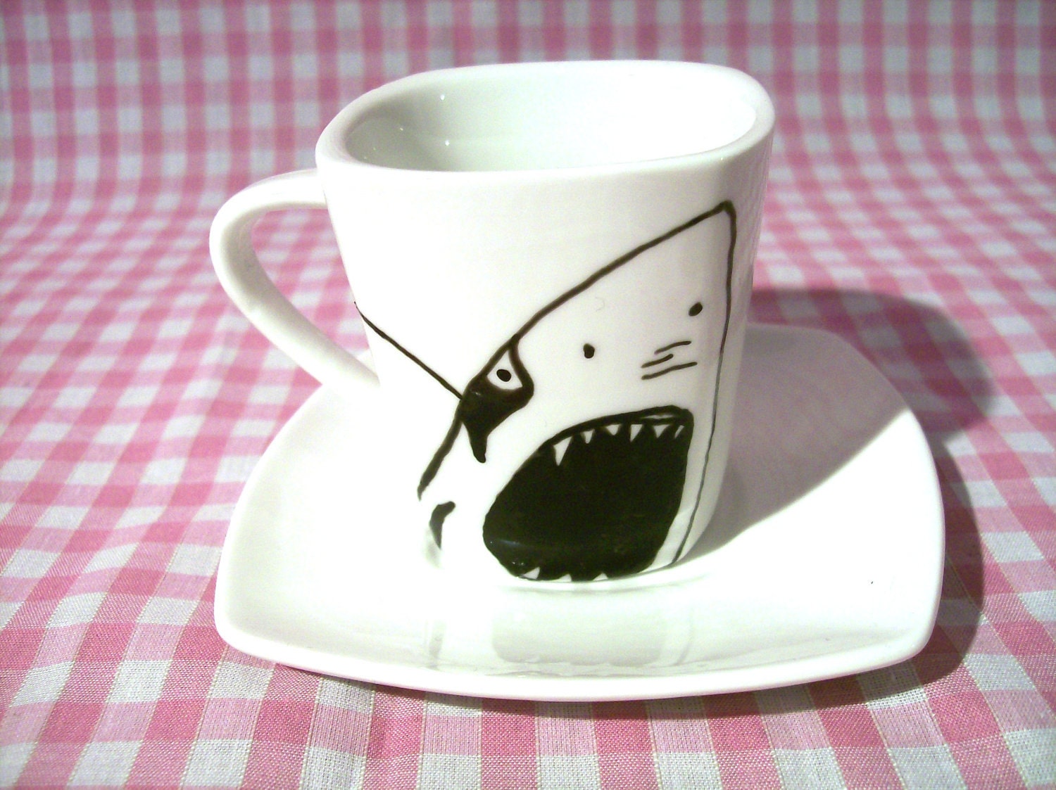 Shark Espresso Cup and Saucer in porcelain featuring a hand drawn illustration