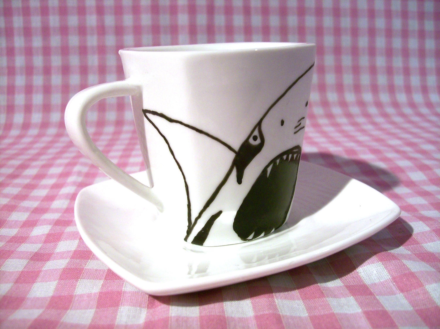 Shark Espresso Cup and Saucer in porcelain featuring a hand drawn illustration