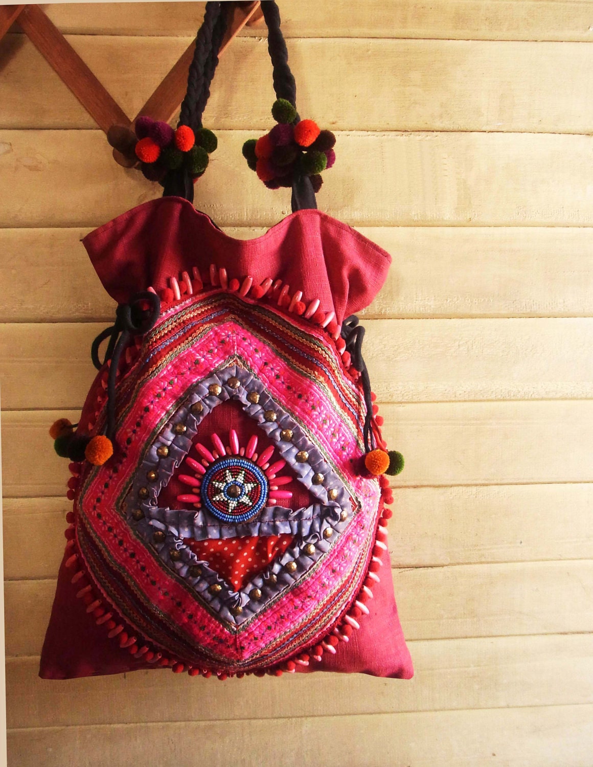 Patchwork hot pink tote // embroidery // tribal // hippie  // red // ooak // colorful // slouch bag // ethnic