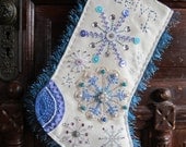 Custom Christmas stocking - white felt with blue, teal, lavender snowflakes - lots of sparkle