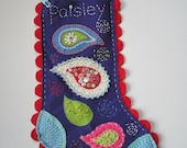 Custom Christmas stocking - paisley designs on purple felt with reds, blues, and lime green