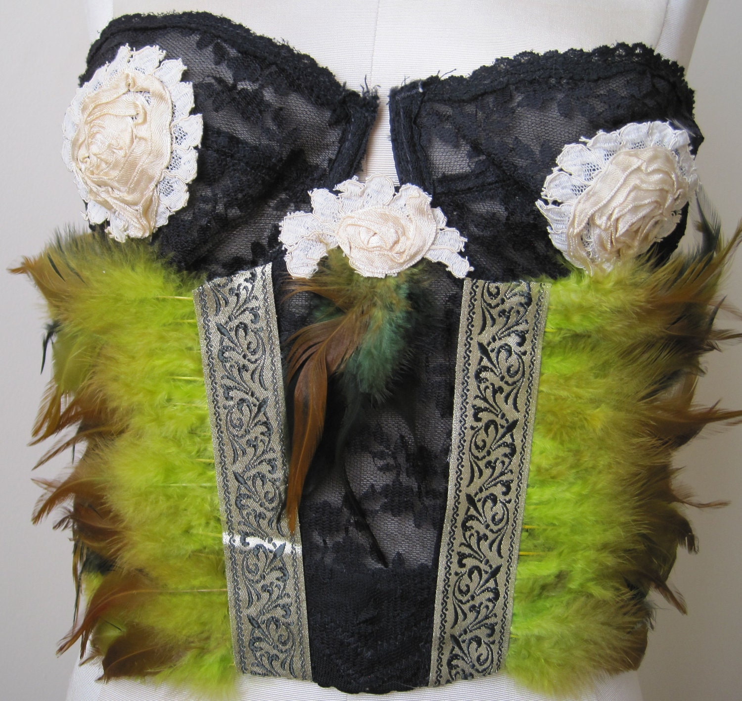 Black bustier with silk ivory roses