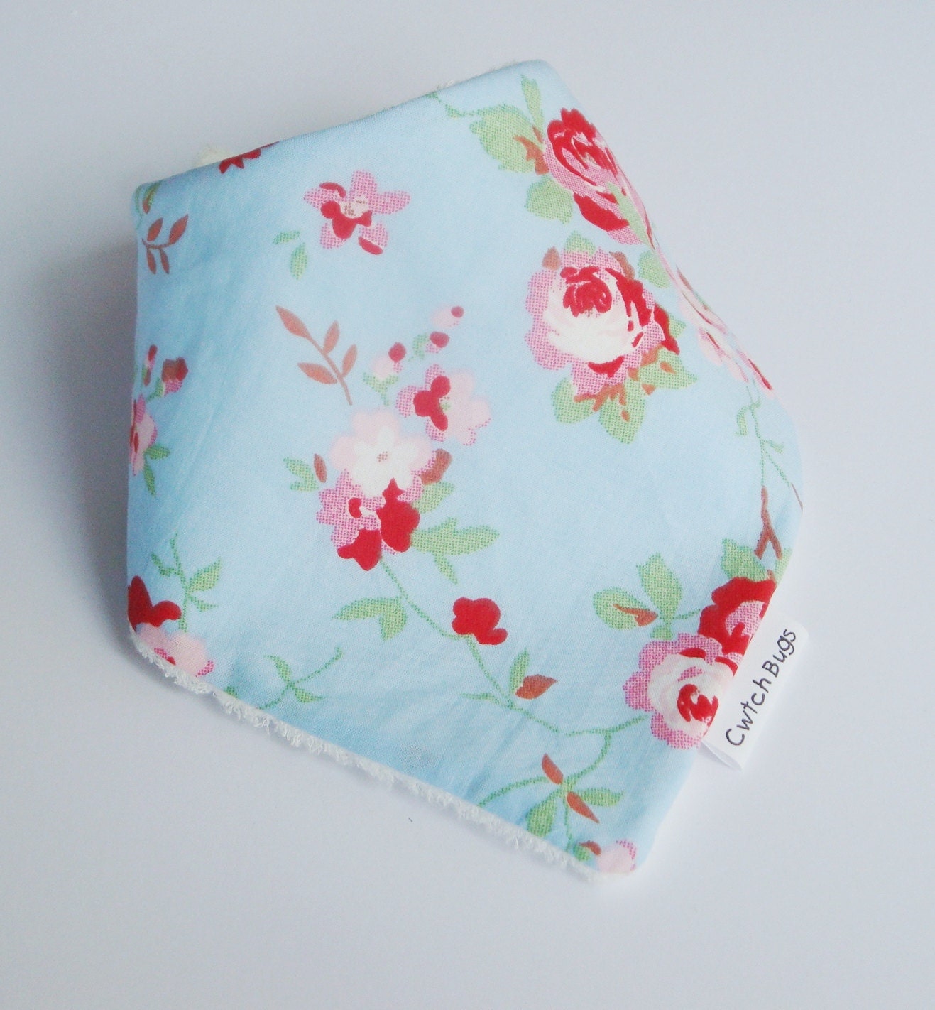 RETRO ROSES on Blue Bandana Bib with Organic Bamboo Terry - A Great Baby Gift Idea by Cwtch Bugs