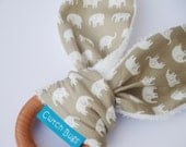Natural Wooden Teething Ring Soother 'BUNNY' in 'Elephants On Parade' and Organic Bamboo Terry....another baby gift idea from Cwtch Bugs
