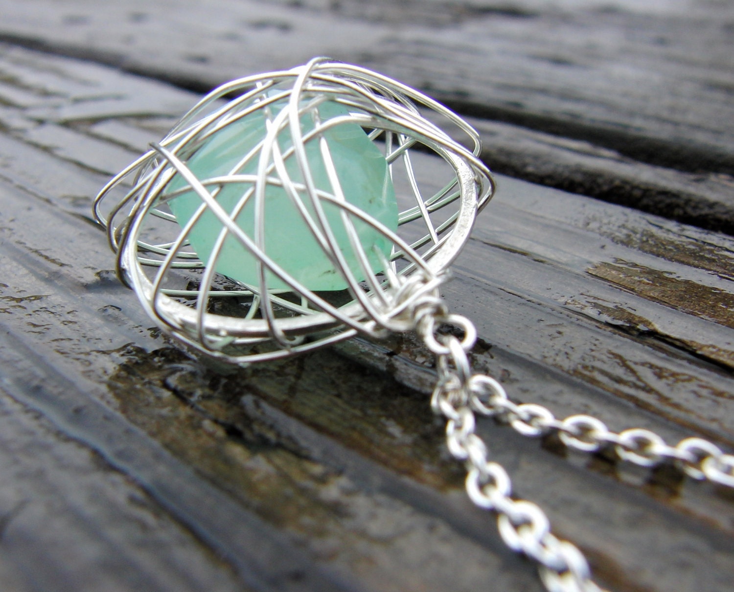 Sterling Silver Wire Wrapped Chalcedony Pendant Necklace