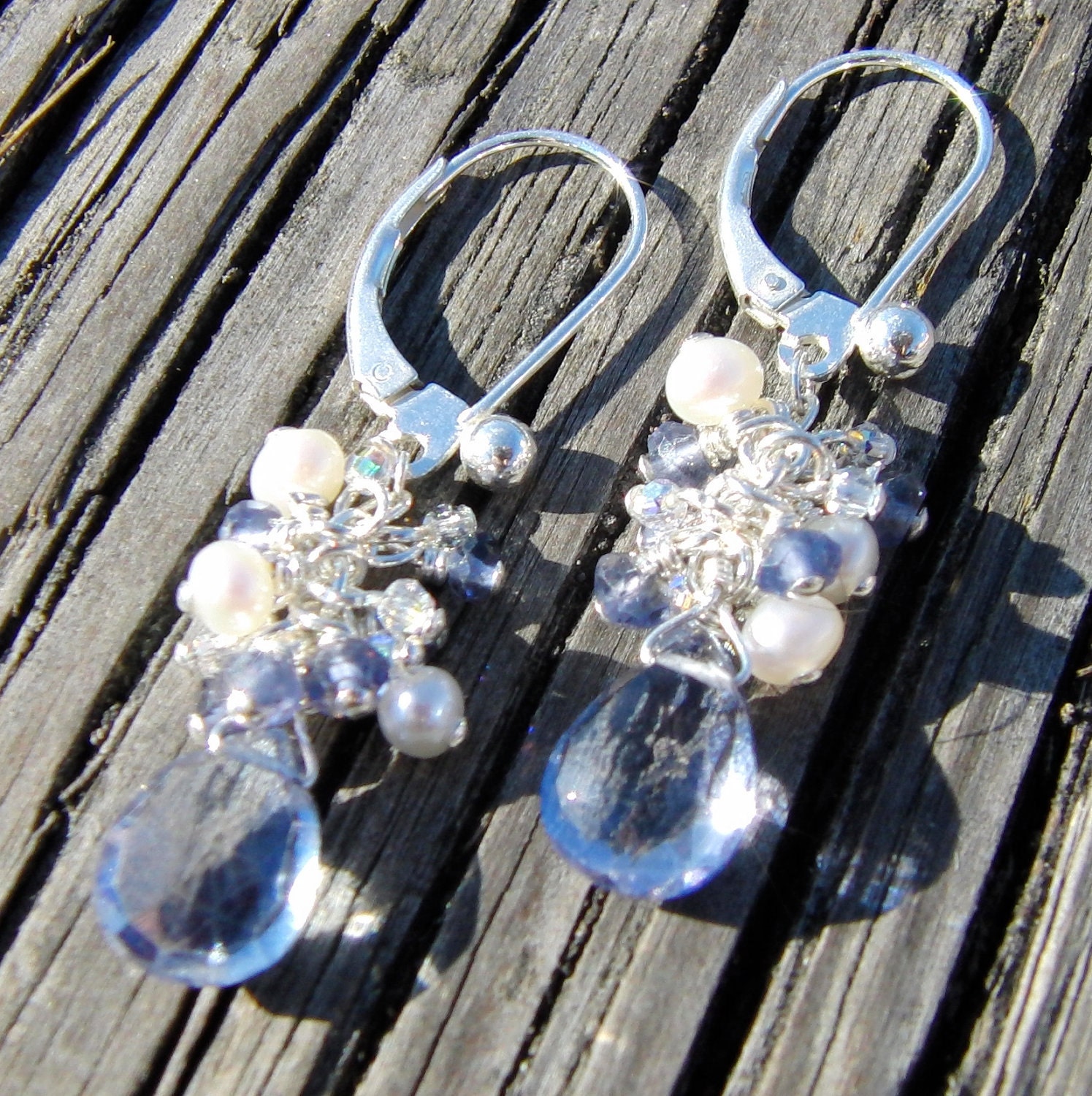 Earrings: Blue Iolite, Freshwater Pearl, and Swarovski Crystal Cluster Earrings