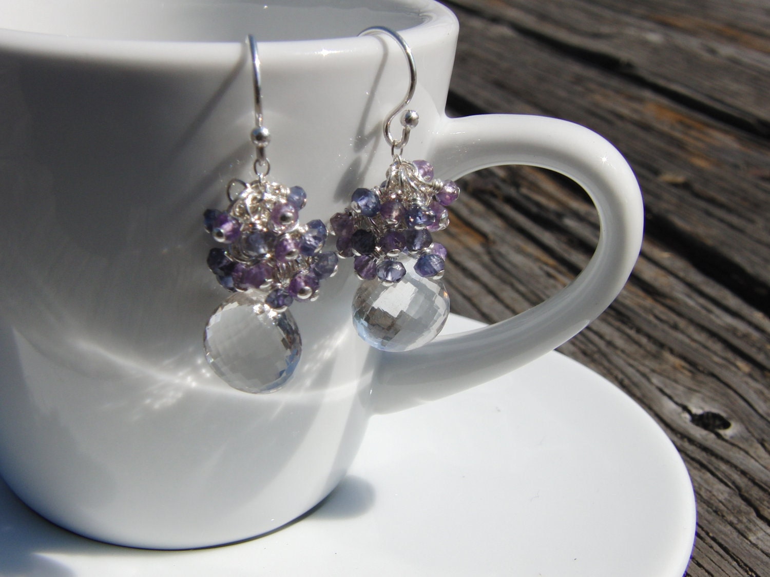 Amethyst, Iolite, AAA Rock Crystal, Cluster Earrings