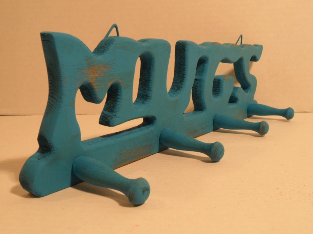 Rustic Aqua Turqoise Teal Blue Shabby Chic Wall Hanging Wood Hook Mug Rack Vintage Beach Cottage Country Farmhouse Coastal Home Decor